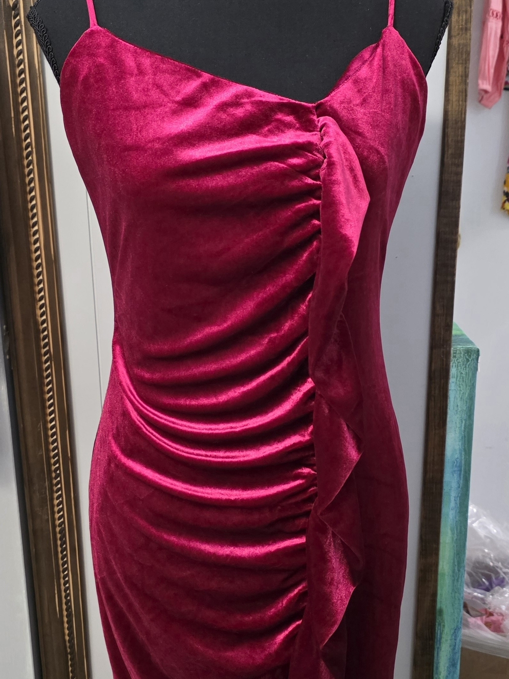 Ruched Velvet Midi Dress in Fuchsia Pink with Ruffle Detail